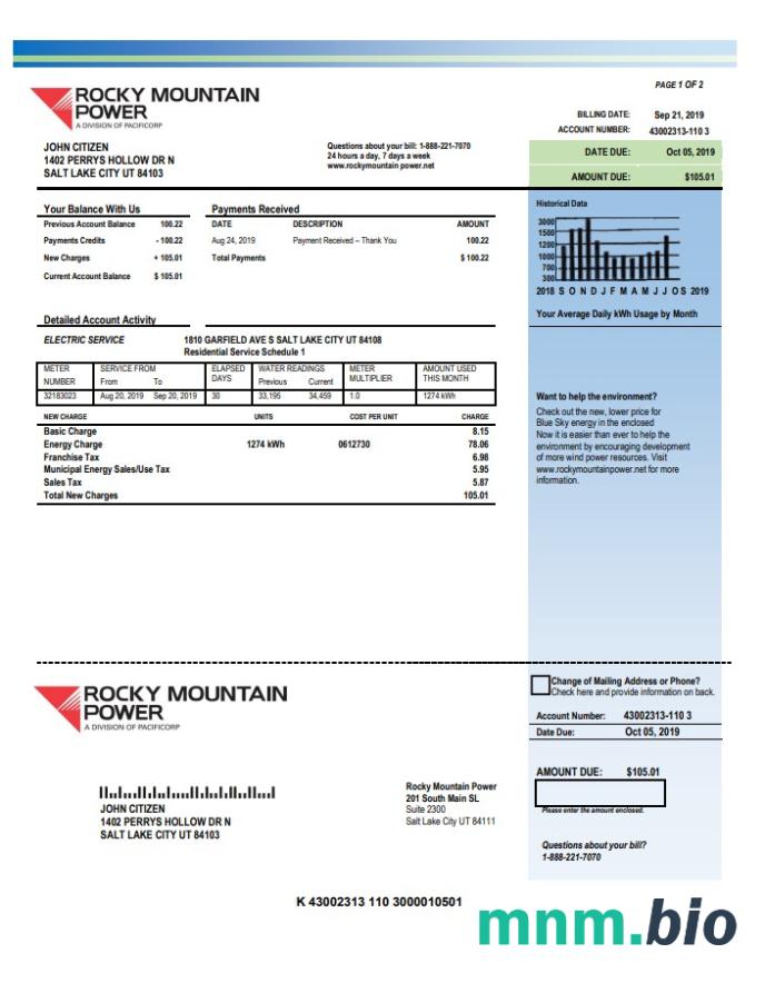 USA Utah Rocky Mountain Power elektryczność rachunek za media szablon w formacie Word i PDF